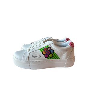 Britto White Leather Platform Sneakers Colorful Pop Art Flower Women’s Size 8
